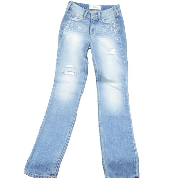 NEW HOLLISTER California SKINNY JEGGINGS Blue Distressed Rhinestones 23x31 NWOT - Picture 1 of 12